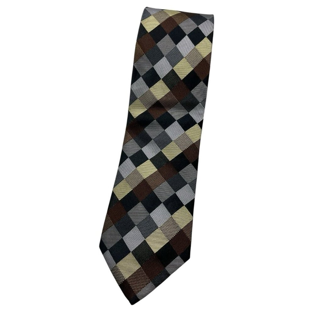 PROFUOMO Men's 100% Silk Necktie LUXURY XL Gray Brown Yellow Tartan W:3.6" EUC